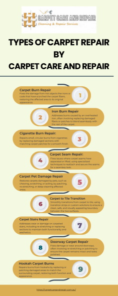 Discover the comprehensive types of carpet repair services available in Sydney with our detailed infographic. From patching and re-stretching to seam repairs and stain removal, learn how each technique can restore and enhance the longevity of your carpets. For professional carpet repair solutions, visit carpet repair sydney https://carpetcareandrepair.com.au/carpet-repair-sydney/.