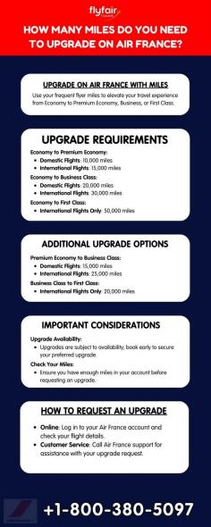 Discover how to elevate your travel experience with Air France using your miles! This infographic details the mileage requirements for upgrading from Economy to Premium Economy, Business, or First Class. Learn about the specific miles needed for different routes, additional upgrade options, and tips on how to request an upgrade. Start planning your upgrade on Air France with miles today!