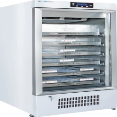 Labtron blood bank refrigerator is an upright type of unit with a capacity to hold 200 pieces of 450-ml bags and a temperature range of 2°C to 8°C, set at 4°C. Features include a rust-resistant galvanized exterior, a stainless steel interior, a double-glazed door with magnetic seals, and a lock.
