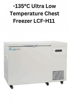 Labtron -135°C Ultra Low Temp Chest Freezer with 118 L features microcomputer controller, LED display, ergonomic design, air pressure balance, thick foam insulation, double-sealing door, safety lock, and universal casters.