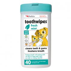 Petkin Dental Tooth Wipes Fresh Mint for Dogs and Cats are gentle tooth wipes to keep your pet’s teeth and gums clean. These convenient tooth wipes are moistened with a natural baking soda formula to gently clean teeth and freshen breath. It also prevents the formation of tartar or plaque by clearing away the residue. And the best part is that Petkin Dental Tooth Wipes do not require water or rinsing.