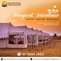 Stay at Sam Sand Dunes Camps Jaisalmer for the best luxury desert tents. Enjoy thrilling Jeep & Camel Safari, cultural nights, and unforgettable camping in Rajasthan.

visit us:- https://samsanddunescampsjaisalmer.com/