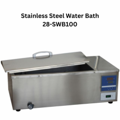 Labexpo Stainless Steel Water Bath features a 12L chamber with temperature control, a digital display, and a timing function. It includes audible and visual alarms for temperature protection, and the stainless steel chamber ensures easy cleaning and corrosion resistance.