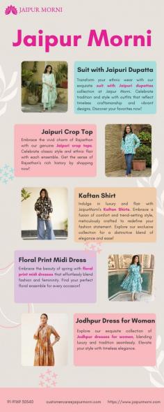 Embrace the vivid charm of Rajasthan with our genuine Jaipuri crop tops. Celebrate classic style and ethnic flair with each ensemble. Get the sense of Rajasthan's rich history by shopping now!

More info
Email Id-	customercare@jaipurmorni.com
Phone No-	91-91169 30540
Website-	https://www.jaipurmorni.com/collections/tops-tunics