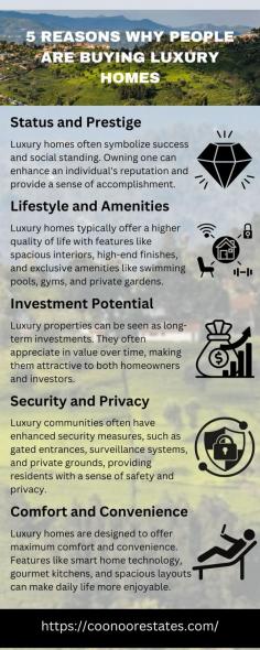 explores the reasons why people are drawn to luxury homes. It delves into the psychological allure of status and prestige associated with such properties, as well as the practical benefits they offer. The text discusses how luxury homes can enhance quality of life through their spacious interiors, high-end finishes, and exclusive amenities. It also highlights the potential for these properties to serve as long-term investments and the added security and privacy they provide. Finally, the article emphasizes the comfort and convenience features that make luxury homes appealing to discerning buyers. visit: https://coonoorestates.com/
