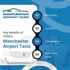 Punctuality: Ensures timely arrival, avoiding delays for flights or pickups.

Comfort: Manchester Airport Taxis Provides a smooth, comfortable ride in well-maintained vehicles.

Convenience: Offers door-to-door service, eliminating the need for public transport or parking.

Stress-Free Travel: Professional drivers handle navigation and traffic, allowing you to relax.