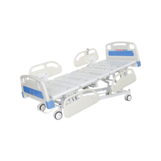 Medical Deals Five-Function Electric Hospital Bed has a sand-blasted steel frame with a 250 kg load capacity. The backrest adjusts to 80 degrees and the footrest to 45 degrees. It includes four silent, centrally controlled wheels, detachable ABS side rails, and a remote control.