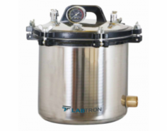 Labtron Portable Autoclave is an 18L top-loading steam sterilizer with electric or LPG heating. Operating at 126°C and 0.14-0.16 MPa, it offers 105-126°C temp adjustment, a self-inflating leak-proof chamber, stainless steel baskets, max safety pressure of 0.165 MPa, and ≤ ±1°C heat uniformity.