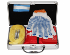 Abimed First Aid Kit features a  shock-proof aluminum box with steel handles and a rubber-lined lid. It includes a safety vest, rain poncho, tow rope, whistle, gloves, life hammer, medical kit, balm, cooling oil, plaster, gauze, iodine applicator, bandage, tape, bandages, wipes, etc.