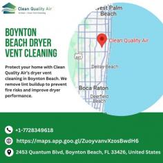 Protect your home with Clean Quality Air’s dryer vent cleaning in Boynton Beach. We remove lint buildup to prevent fire risks and improve dryer performance. Enjoy peace of mind and better efficiency—schedule your dryer vent cleaning with Clean Quality Air today!
