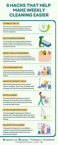 Are you struggling to keep up with weekly cleaning tasks? Uncover smart tips and tricks designed to save you time while making the upkeep of a sparkling clean home a breeze. Think about hiring a trustworthy part-time cleaner in Singapore or looking into a professional house cleaning company in Singapore to ease your cleaning burden and maintain a consistently spotless living space.

Check out the infographic to discover these transformative hacks and revolutionize your weekly cleaning routine!

Click on the photo for detailed information about part-time cleaner. 

Source https://kungfuhelper.com.sg/blog/8-hacks-that-help-make-weekly-cleaning-easier/