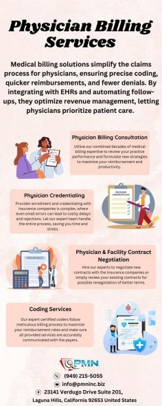 Streamline your practice's billing with physician services tailored to medical coding and compliance. PMN Inc. ensures accurate, timely claim processing to boost revenue cycle efficiency while reducing errors and denials. Contact us to optimize your medical billing workflow.