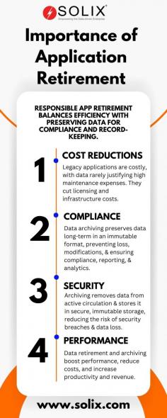 Streamline operations with Solix by retiring outdated applications. Save costs, improve efficiency, and ensure data compliance. Learn how strategic application retirement enhances business agility and supports digital transformation efforts. Visit https://www.solix.com/products/application-retirement-solution/ to know more.