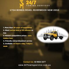 Since 1986, we've proudly served as Riverwood, Sydney’s trusted towing provider, leveraging over 30 years of experience in every job. Our expertise spans car towing, breakdown assistance, and emergency towing, promising arrival within 30 minutes. Our skilled team handles vehicle recovery, accident towing, and motorcycle towing, while also offering NRMA roadside support. Dedicated to honesty, we provide straightforward pricing with no hidden fees. Rely on us for car removal and insurance towing—available around the clock, every day!

Website :- https://www.247towingservice.com.au/