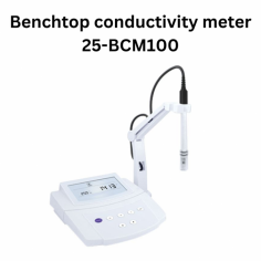 Labexpo Benchtop Conductivity Meter has a white backlit LCD, 1-3 point calibration with auto recognition, and temperature compensation from 0-100 °C. It measures conductivity between 0-2000 µS/cm and 200 mS/cm. Features include auto hold, reset, and auto power-off for battery savings.