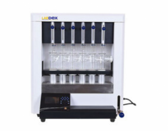 Labdex Fat Analyzer handles 6 samples per batch using the Soxhlet principle to determine fat content. It features a temperature range from RT plus 5℃ to 280℃, a 0 to 100 percent measuring range, 80 percent or more solvent recovery, and sealed metal bath heating with automatic temperature control.