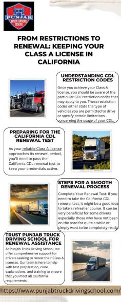 This resource provides valuable insights into CDL restriction codes and tips for passing the California CDL renewal test. Keep your Class A license active by staying informed of renewal procedures and restrictions, ensuring you meet California’s standards for safe and compliant driving. Visit here to know more:https://sites.google.com/view/from-restrictions-to-renewal/home