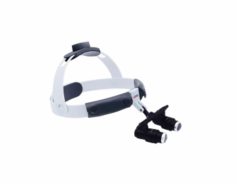 Abimed Headband Light with Loupe provides five times magnification with adjustable working distances of 340, 420, and 500 millimeters and a wide field of view from 50 to 80 millimeters. Ergonomically designed, it is compatible with high-brightness headlights for enhanced visibility and comfort.