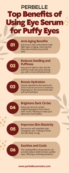 An eye serum for puffy eyes provides multiple benefits. It helps to reduce puffiness by calming the skin and improving circulation around the eyes. These serums hydrate the skin, making it feel soft and replenished. They also brighten dark circles, leaving your eyes looking more awake and refreshed. Many eye serums contain soothing ingredients that cool and relieve tired eyes. Additionally, the antioxidants in these serums protect the skin from aging signs, such as fine lines and wrinkles. Overall, using an eye serum is a great way to treat puffiness and enhance the appearance of the delicate eye area.