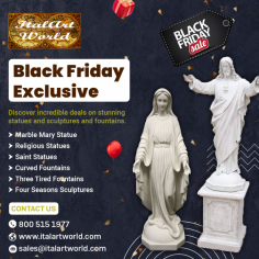 Celebrate #Black_Friday with Ital Art World! Explore unbeatable deals on exquisite marble statues, religious sculptures, saint statues, elegant fountains, and seasonal art. Redefine your space with timeless creations at amazing prices. Don’t miss out on these limited-time offers—shop now and bring sophistication to your home or garden!

