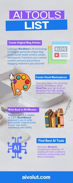 AIvolut presents a curated list of AI tools to transform your work process. Discover solutions tailored for productivity and innovation in our latest infographic!