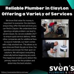 Looking for a dependable Plumber clayton? Look no further! At Svens Plumbing, we offer a wide range of plumbing services, including repairs, installations, and maintenance. Our experienced team is committed to providing top-notch service with a focus on customer satisfaction. Whether it's a leaky faucet or a complete bathroom renovation, we've got you covered. Visit us at https://svensplumbing.com.au/plumber-clayton/ for prompt and professional plumbing solutions today!