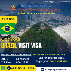 If you need a Brazil visit visa from Dubai,UAE? Regal Tours can help you get it quickly and easily. With extensive knowledge of Brazil visa regulations and requirements, we ensure your Brazil visit visa is done perfectly. Regal Travel Agency Dubai specializes in professional visa services, including tourist visas, business visas, and single & multiple entry visas for those wishing to visit Brazil. Let us know when you're headed to Brazil, and our team of visa experts will take care of everything, including finding great flight options and hotel stays for you. https://www.regaltoursuae.com/brazil-visa/