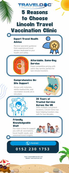 We offer the full range of travel vaccinations in Lincoln, including yellow fever, rabies, typhoid, Japanese encephalitis, meningitis, cholera, hepatitis A, hepatitis B, tetanus, tick-borne encephalitis as well as malaria medication. TravelDoc™ is also an official Yellow Fever Vaccination Centre (YFVC), approved by NaTHNaC.
Know more: https://www.travel-doc.com/lincoln/

