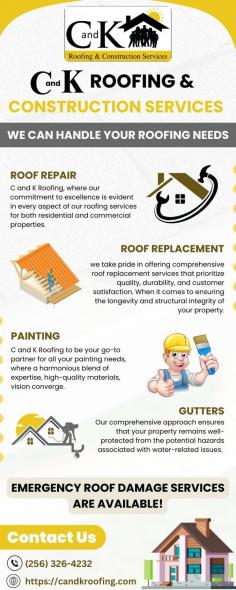 Roof Repair Scottsboro | C and K Roofing & Construction Services

C and K Roofing provides expert roof repair services to safeguard your home from leaks, weather damage, and structural issues. Our skilled team provides comprehensive inspections, efficient repairs, and preventative maintenance to extend the lifespan of your roof. Whether fixing damaged shingles, addressing storm damage, or improving energy efficiency, we ensure quality craftsmanship and long-term protection. For additional information about Roof Repair Scottsboro, please call us at (256) 326-4232.