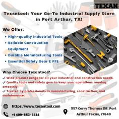 Texantool is a trusted industrial supply company located in Port Arthur, Texas. We offer a wide range of high-quality tools, equipment, safety gear, and maintenance supplies for manufacturing, construction, and more. From hand and power tools to fasteners, chemicals, and electrical components, we have the products you need to keep your operations running smoothly.Visit us at 957 Kerry Thomas Dr., Port Arthur, TX, or call +1 409-853-6734 for more information.