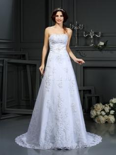 Robe de mariée en satin manche nulle appliques avec lacets de princesse