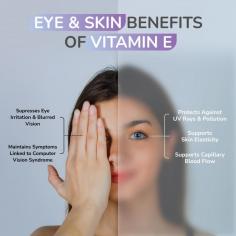 Vitamin E is a powerful antioxidant that benefits both eye and skin health. For the eyes, it helps protect against age-related macular degeneration and cataracts by shielding cells from oxidative stress. For the skin, Vitamin E deeply moisturizes, reduces scars, and minimizes sun damage, promoting a smooth and youthful appearance. Regular use can enhance cell repair and guard against visible aging, making it essential for maintaining healthy, radiant skin and strong vision.