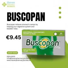 This medicine is used to relieve abdominal cramps which cause pain and discomfort associated with your digestive tract, and in Irritable Bowel Syndrome (IBS). It works by relaxing the cramping muscles of your stomach and bowel.

Buy Now:- https://www.havenpharmacyburkes.ie/product/buscopan-20mg-20-tablets/