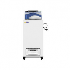 Labdex Vertical Autoclave with 100L capacity features a microcomputer control system, operates at 105 to 135°C and 0.3 MPa pressure, and includes an LCD display, self-induction pressure lock, automatic water-feeding, cooling fan, SUS304 chamber, and USB port—perfect for lab sterilization needs.