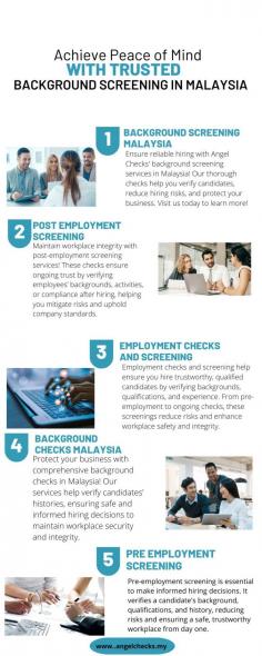 Angel Checks provides background screening services for both Individuals and Corporate. We provide Pre – Employment Background Screening, Post Employment Background Screening, Business Screening, Joint Venture Screening, Directorship Screening, Tenancy Screening, Loan Eligibility Screening, Business Process Outsourcing, Claims Management Services and Recruitment Services.
https://angelchecks.my/
