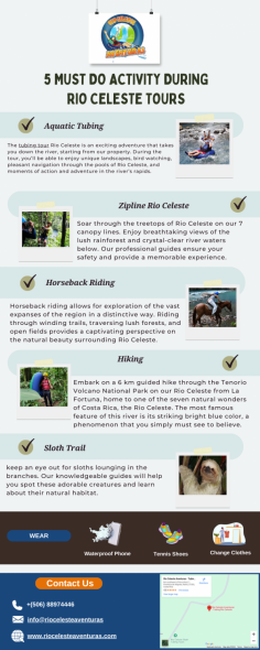 Infographic:- 5 Must Do Activity During Rio Celeste Tours

Explore the natural wonders of Rio Celeste Tours, Costa Rica with our adventure tours. Our experienced guides will take you on an unforgettable journey through the stunning Tenorio Volcano National Park. Choose from a variety of activities, including a guided hike to the stunning Catarata Rio Celeste waterfall, a thrilling zipline adventure through the lush rainforest canopy, or a thrilling river rafting trip down the Rio Celeste.

Know more: https://riocelesteaventuras.com/tours/