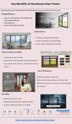 Aluminum door frames offer energy efficiency, helping regulate room temperature and reduce costs. They provide stylish, customizable designs with a wide range of options to suit any home. Additionally, they are low-maintenance, durable, and resistant to corrosion, ensuring long-lasting performance. Visit https://www.fenesta.com/door/aluminium-doors