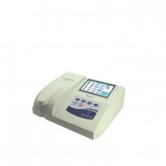 Labtron Semi-automatic Biochemistry Analyzer: tabletop unit with -0.3 to 3.0 abs absorbance, ±0.1°C accuracy, multiple wavelengths (340-620 nm), 7-inch LCD, standard data interface, and halogen lamp with auto-dormancy for extended lifespan.