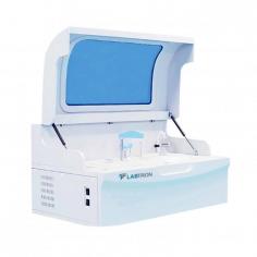 Labtron Auto Chemistry Analyzer, with a sample volume of 2-70 µl and reagent volume of 20-350 µl, includes 49 sample and 56 reagent positions. It features automatic cuvette washing, a refrigerated tray, and crash detection. CE certified for reliable performance.