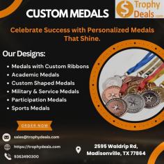 Trophy Deals proudly creates custom medals that honor excellence with unmatched style and craftsmanship. Whether for sports, academics, or special events, our high-quality medals are designed to make every accomplishment memorable. Place your order today by contacting us at 936-349-0300 or sales@trophydeals.com. While we don’t have a retail showroom, you can conveniently pick up your order at 2595 Waldrip Rd, Madisonville, TX 77864, or take advantage of our secure shipping options. Celebrate achievements the right way—choose Trophy Deals!