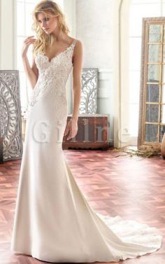 Abito da Sposa V-Scollo in Pizzo con Piega con Applique Moderno