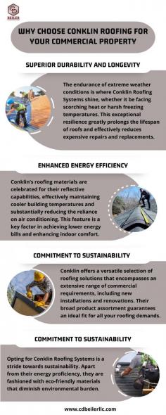 Choose CD Beiler Construction and Conklin Roofing Systems for a premium roofing experience that delivers quality, efficiency, and sustainability. For Conklin roofing in New Castle County, DE, contact us at 717-747-4037 and discover how our superior roofing solutions can transform your commercial property.