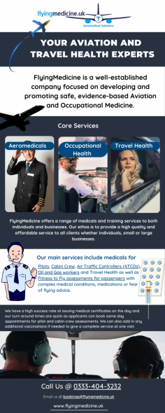 Infographic:- Flying Medicine Your Aviation and Travel Health Experts

FlyingMedicine is a well-established company focused on developing and promoting safe, evidence-based Aviation and Occupational Medicine.

Know more: https://www.flyingmedicine.uk/
