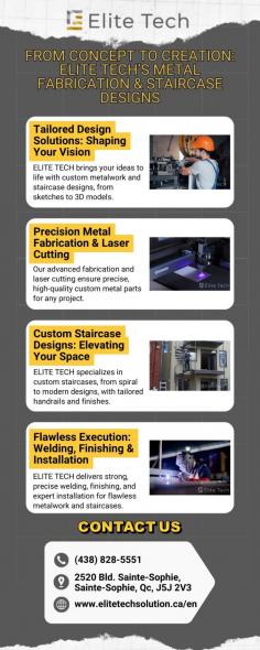 Elite Tech offers a comprehensive suite of resources to showcase our technology solutions. Our team specializes in providing top-notch engineering services including welding, laser cutting, bending, painting, sand blasting and staircase design. Our expertly designed materials effectively communicate complex information through visually appealing and informative formats. Elite Tech ensures clarity, precision, professionalism, and growing Excellence in stair innovations in every piece of content. For more information, please contact us at +1438-828-5551.