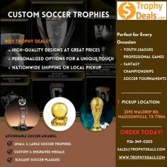 Trophy Deals proudly offers high-quality soccer trophies designed to celebrate excellence on the field. Perfect for players, teams, and tournaments, our trophies combine unmatched craftsmanship with customizable options to make every win unforgettable. Place your order today by contacting us at 936-349-0300 or sales@trophydeals.com. While we don’t have a retail showroom, you can conveniently pick up your order at 2595 Waldrip Rd, Madisonville, TX 77864, or take advantage of our secure shipping options. Honor every goal with Trophy Deals!

