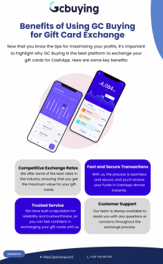 Now that you know the tips for maximizing your profits, it’s important to highlight why GC Buying is the best platform to exchange your gift cards for CashApp. Here are some key benefits.

● Competitive Exchange Rates: We offer some of the best rates in the industry, ensuring that you get the maximum value for your gift cards.
● Fast and Secure Transactions: With us, the process is seamless and secure, and you’ll receive your funds in CashApp almost instantly.
● Trusted Service: We have built a reputation for reliability and trustworthiness, so you can feel confident in exchanging your gift cards with us.
● Customer Support: Our team is always available to assist you with any questions or concerns throughout the exchange process.
Read More: https://gcbuying.com/