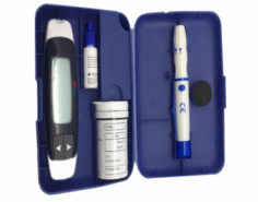 Abimed Blood Glucose Meter measures 40-600 mg/dL (2.2 - 33.3 mmol/L) with a 1 µL sample and give result in 5 seconds. unit  has a 28 mm × 26 mm LCD, Features,  include a 360-reading memory, 7/14/28-day averages, auto power off, alarm, dual scale, and optional coding. 