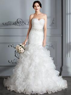 Robe de mariée naturel avec sans manches en satin col en forme de cœur de sirène