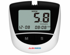 Abimed Blood Glucose Meter provides results in 5 seconds with a 1 µL sample, measuring 40–600 mg/dL. It features an LCD display, 360 memory readings, and 7, 14, and 28-day averages. The device includes auto power off and comes with a carry case, 10 lancets, 10 test strips, and a lancing device.