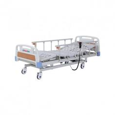 Medical Deals Three-Function Electric Hospital Bed with a sturdy steel frame and sandblasting finish. Features electrostatic powder coating, detachable ABS head footboards, silent castor wheels with brakes, and adjustable backrest, footrest, and height for superior patient care.